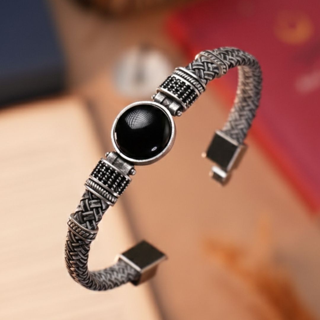 Oniks Doğal Taşlı & Hakiki Deri Erkek Bileklik - Siyah - Beyaz | Siyah