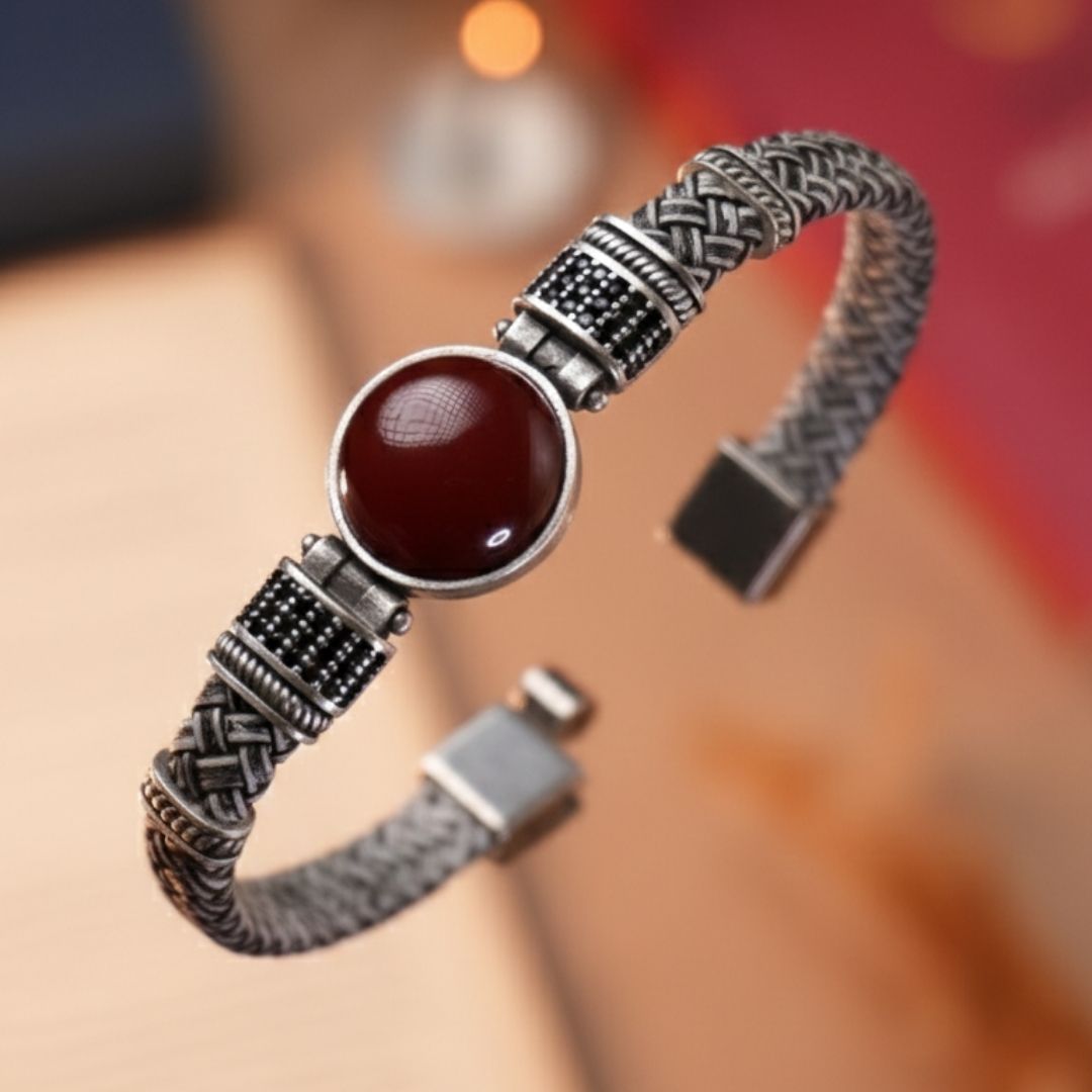 Kırmızı Akik Doğal Taşlı & Hakiki Deri Erkek Bileklik - Siyah - Beyaz | Kırmızı