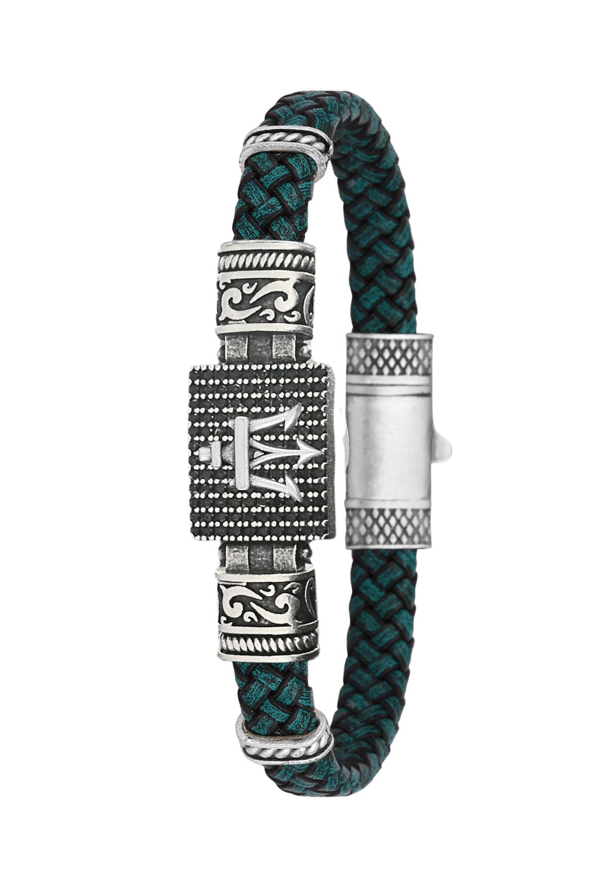 Poseidon Figürlü Zirkon Taşlı Hakiki Deri Erkek Bileklik - Su Yeşili | Gümüş