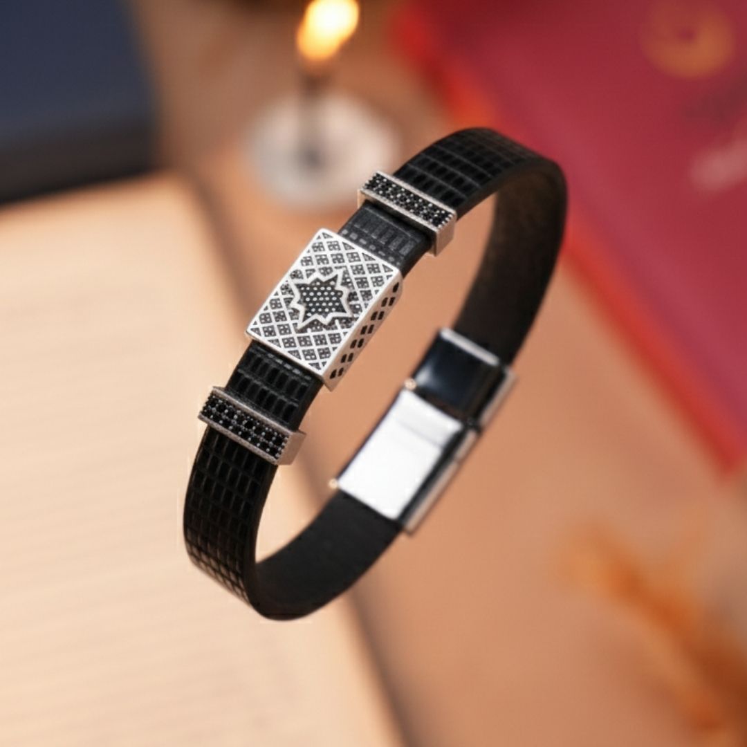 Hakiki Siyah Yılan Derisi & Zirkon Taşlı VIP Erkek Bileklik - Siyah | Gümüş