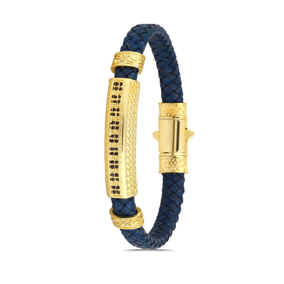 Sıralı Zirkon Erkek Bileklik - Mavi | Altın