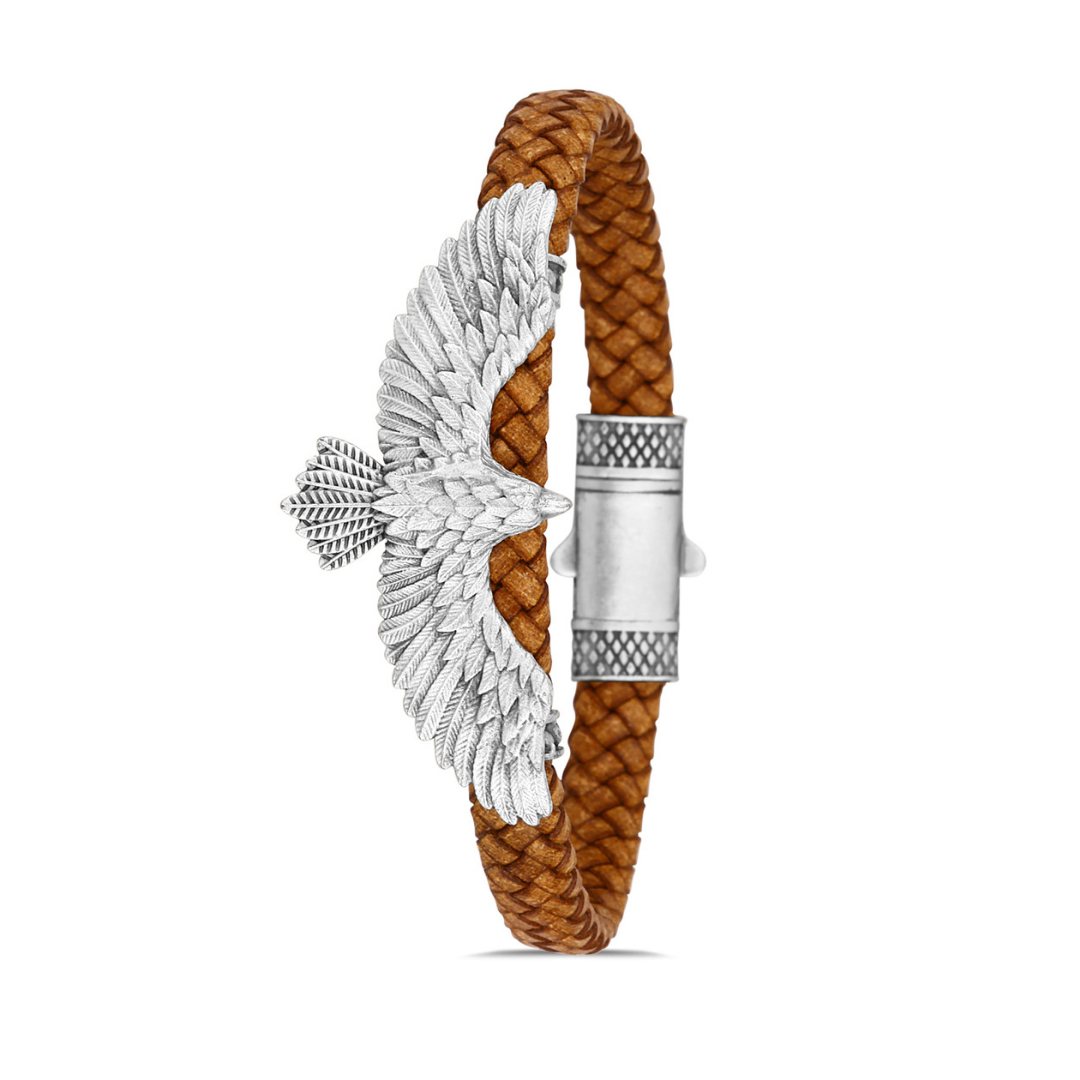 Gri Kartal Figürlü Deri Bileklik - Taba | Gümüş