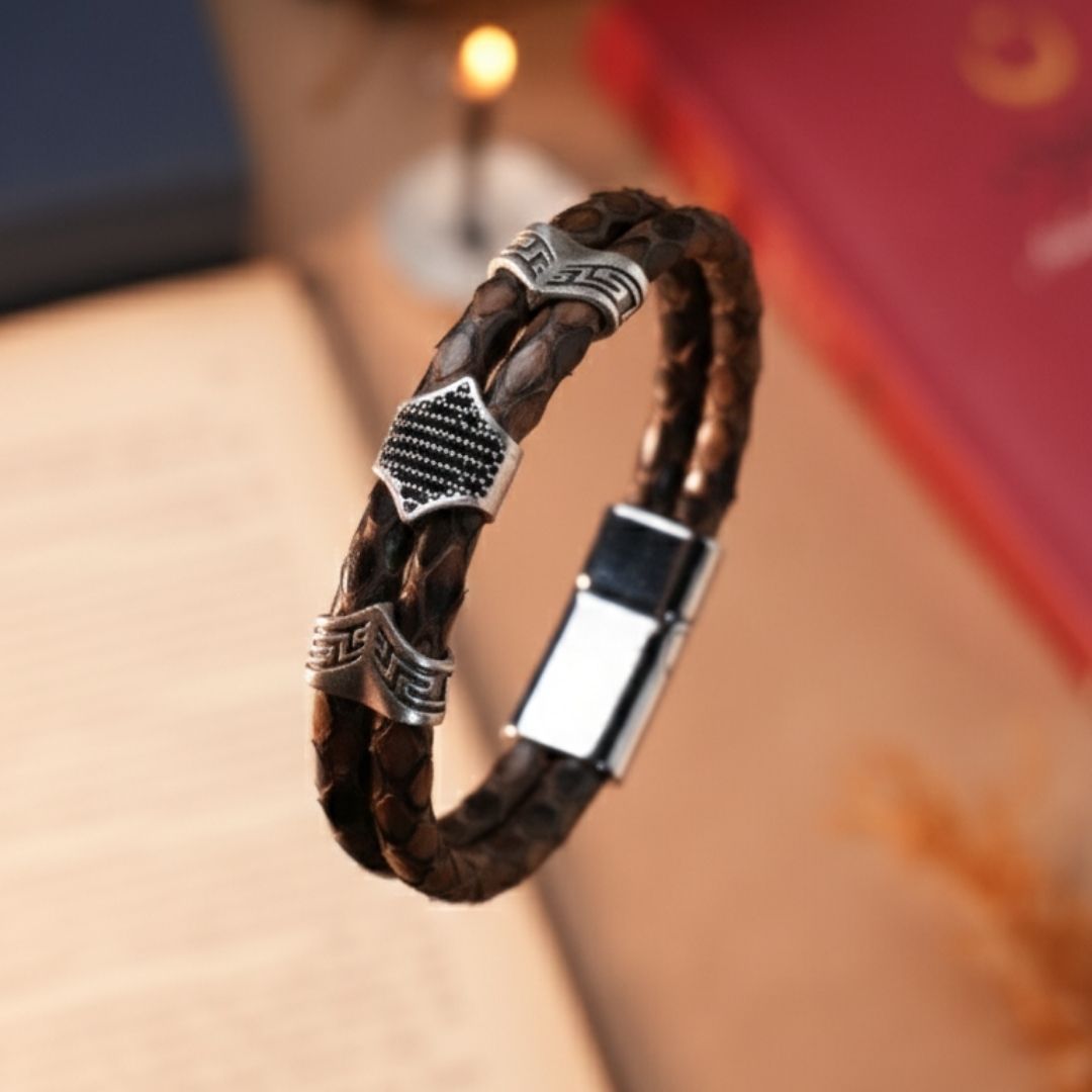 Hakiki İguana (Lizard) Derisi & Zirkon Taşlı VIP Erkek Bileklik - Kahve Rengi | Gümüş