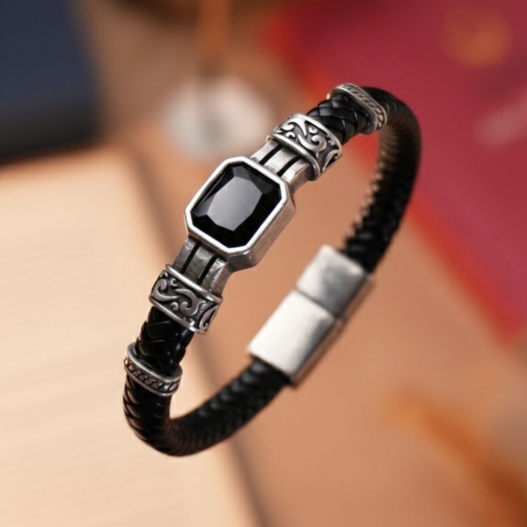 Siyah Kristal Cam Detaylı Hakiki Deri Erkek Bileklik - Siyah | Siyah