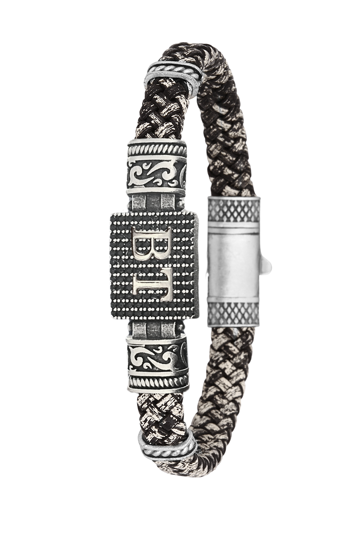 Kişiselleştirilebilir Kare Hakiki Deri Erkek Bileklik - Siyah - Beyaz | Kare