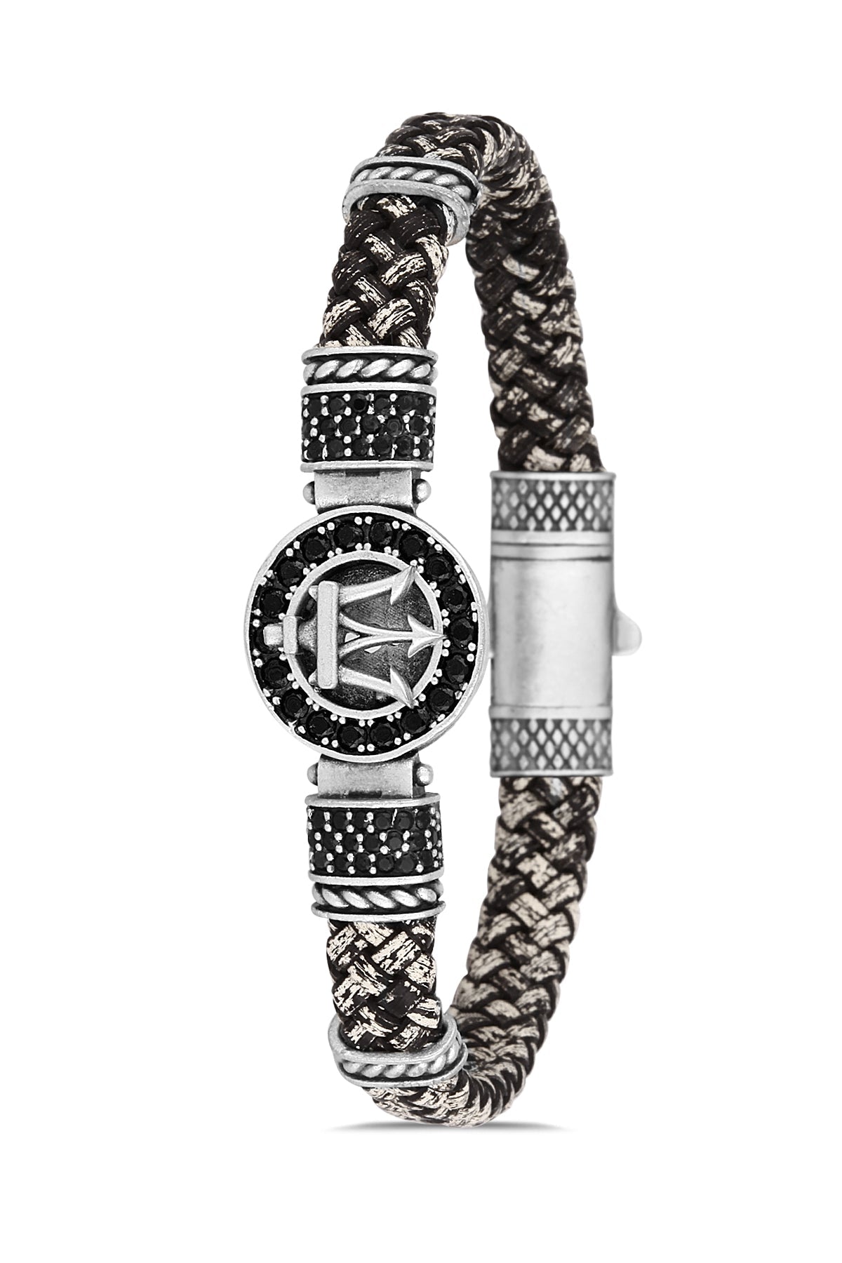Poseidon Model Zirkon Taşlı Bileklik - Siyah - Beyaz | Gümüş