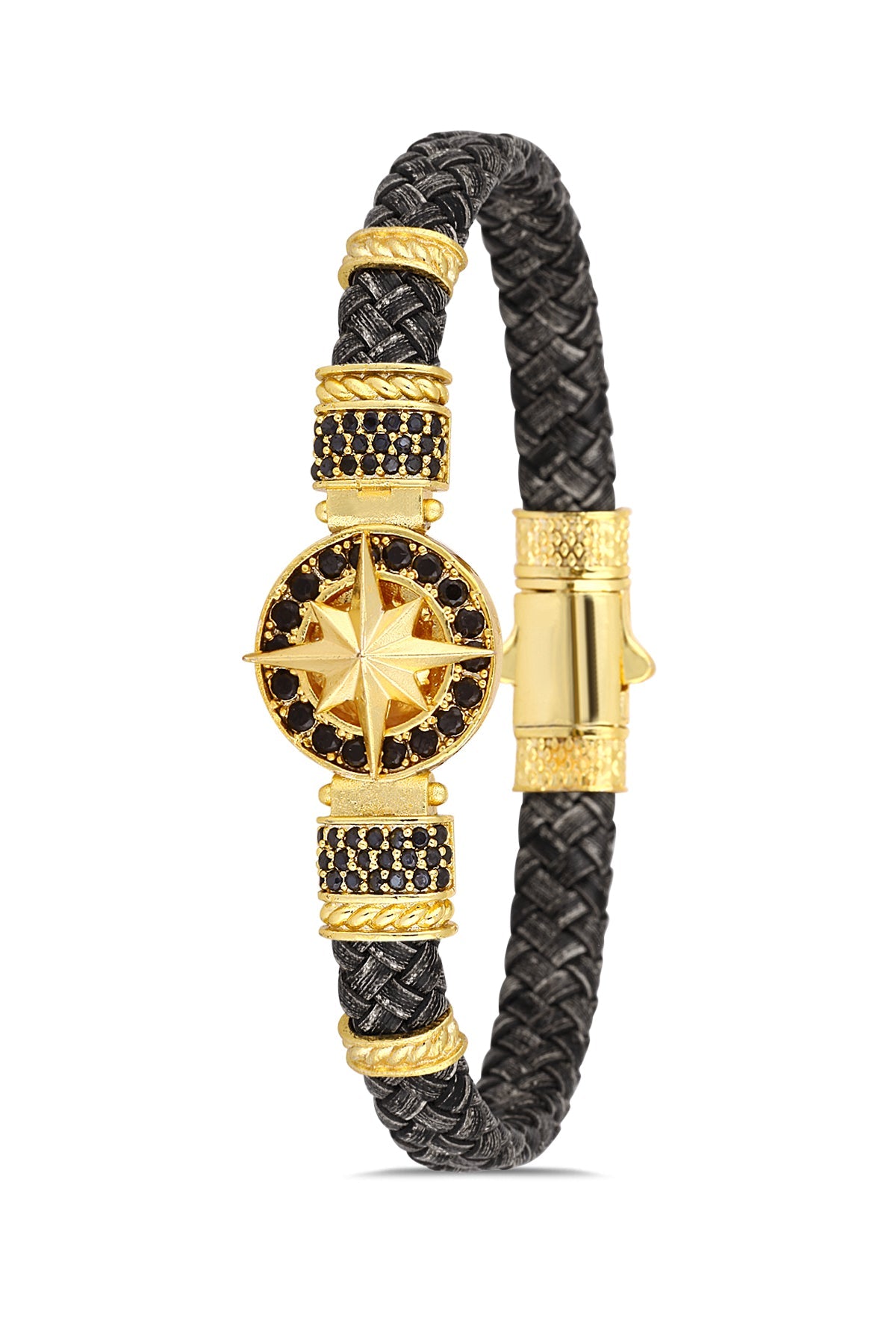 Pusula Zirkon Taşlı Bileklik - Siyah - Beyaz | Altın