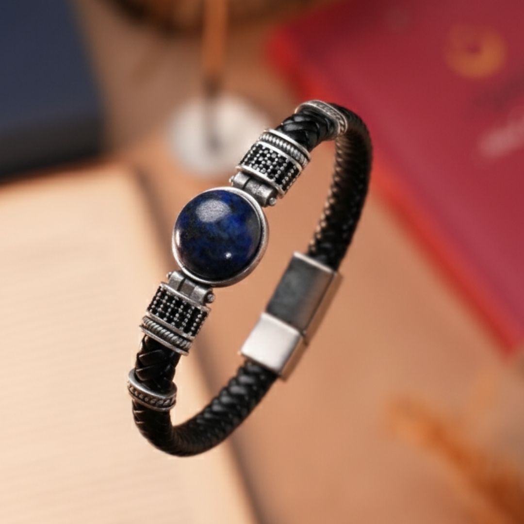 Lapis Lazuli Doğal Taşlı & Hakiki Deri Erkek Bileklik - Siyah | Mavi