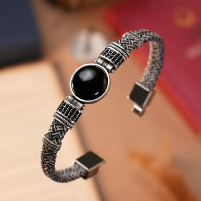 Oniks Doğal Taşlı & Hakiki Deri Erkek Bileklik - Siyah - Beyaz | Siyah