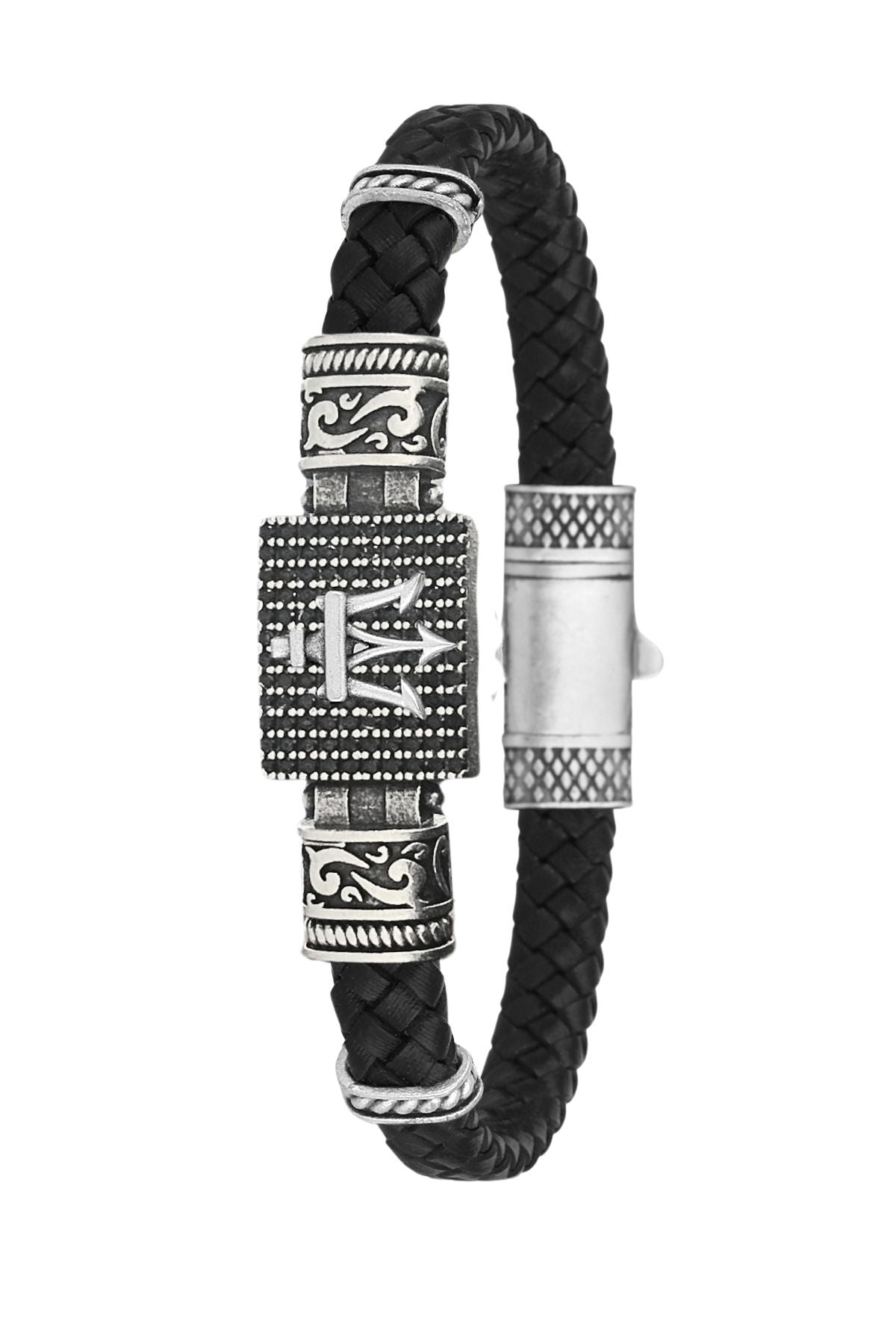 Poseidon Figürlü Zirkon Taşlı Hakiki Deri Erkek Bileklik - Siyah | Gümüş