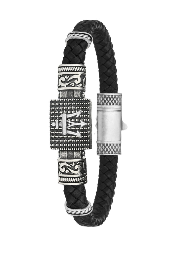 Poseidon Figürlü Zirkon Taşlı Hakiki Deri Erkek Bileklik - Siyah | Gümüş