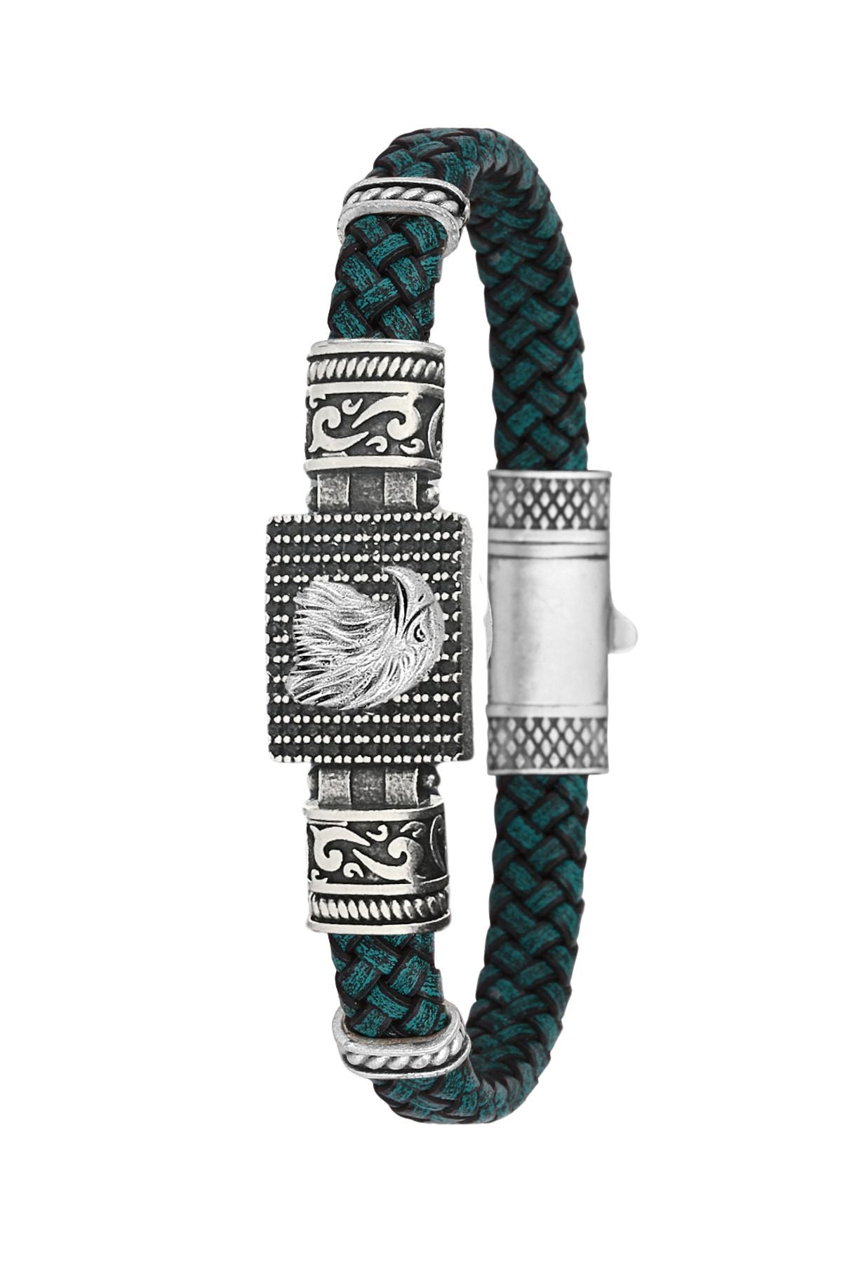 Kartal Figürlü Zirkon Taşlı Hakiki Deri Erkek Bileklik - Su Yeşili | Gümüş