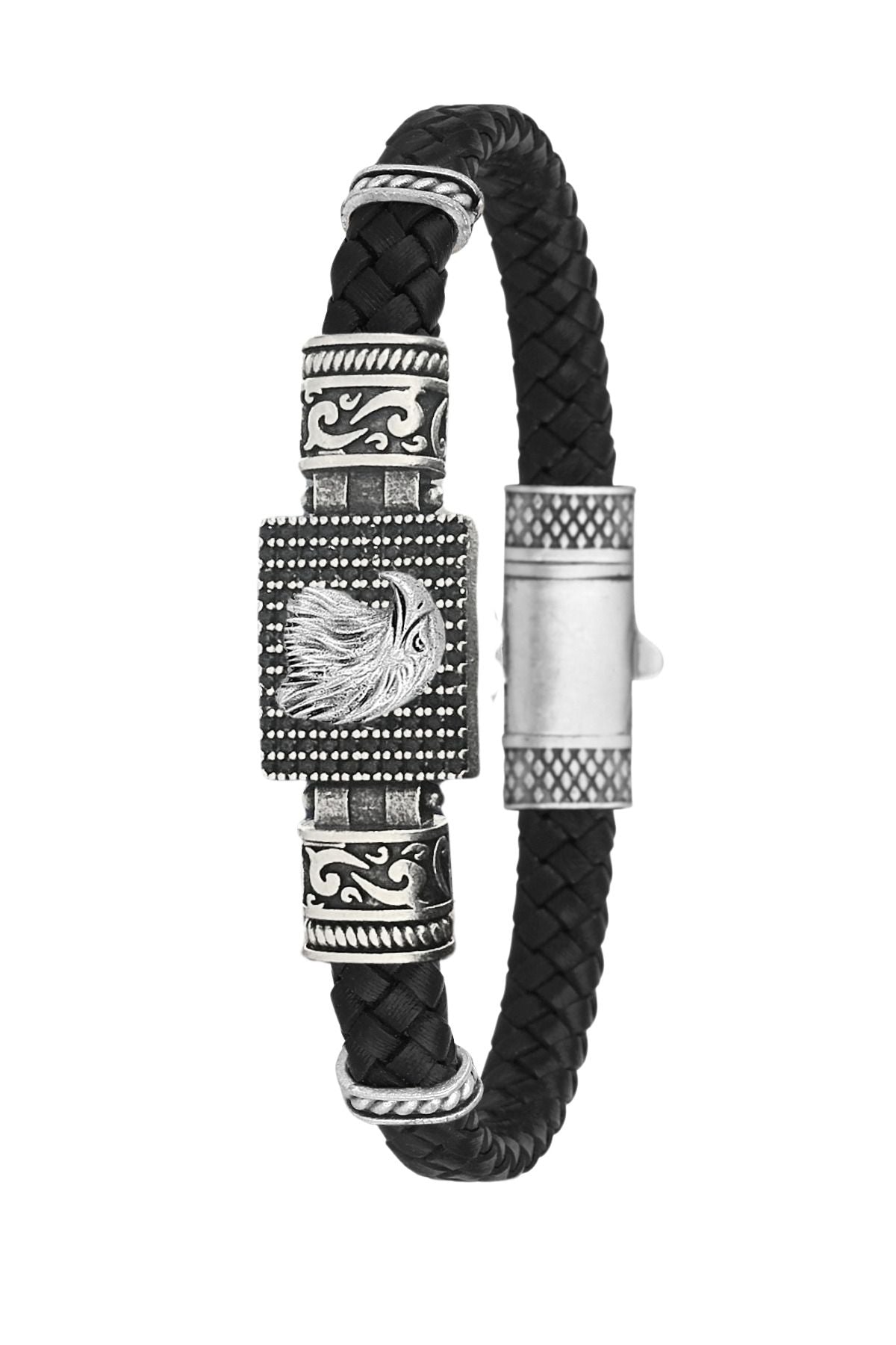 Kartal Figürlü Zirkon Taşlı Hakiki Deri Erkek Bileklik - Siyah | Gümüş