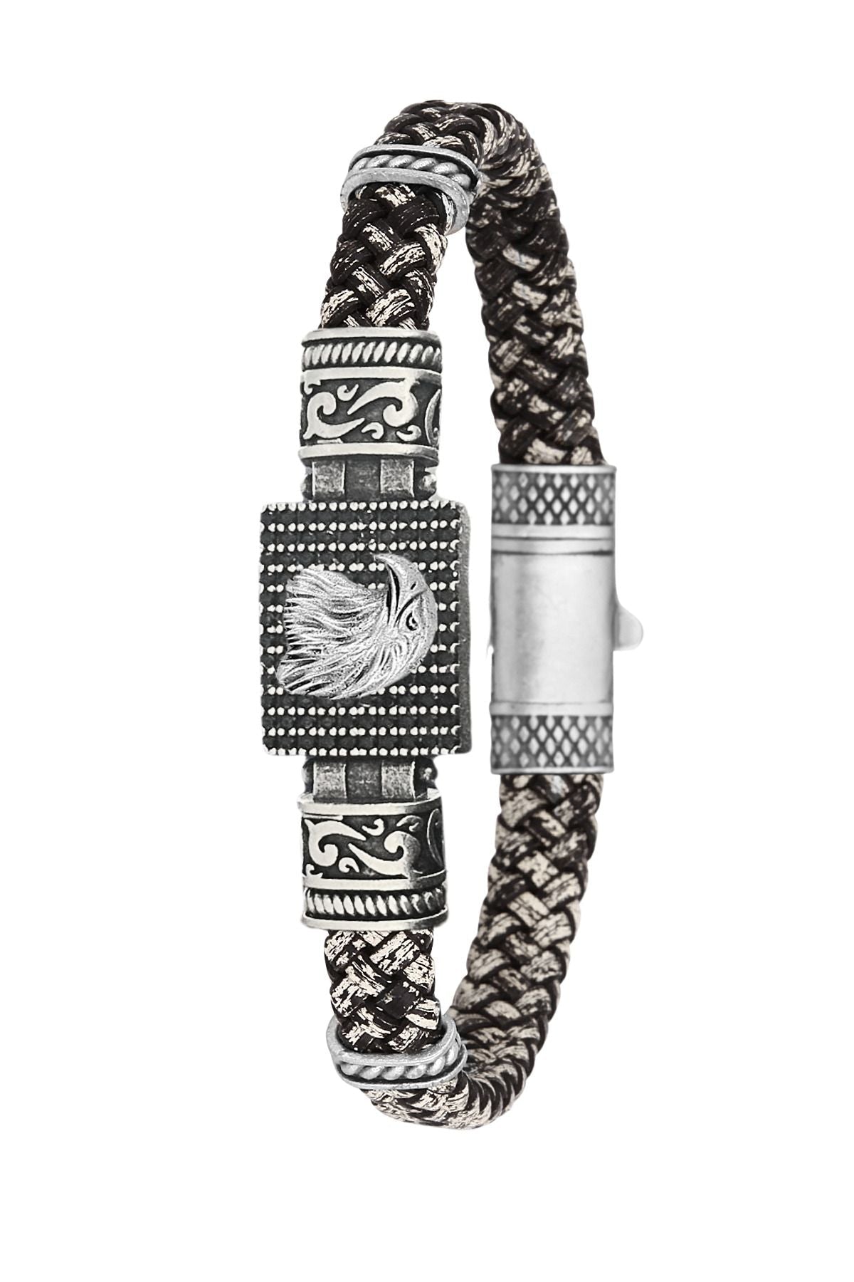 Kartal Figürlü Zirkon Taşlı Hakiki Deri Erkek Bileklik - Siyah - Beyaz | Gümüş