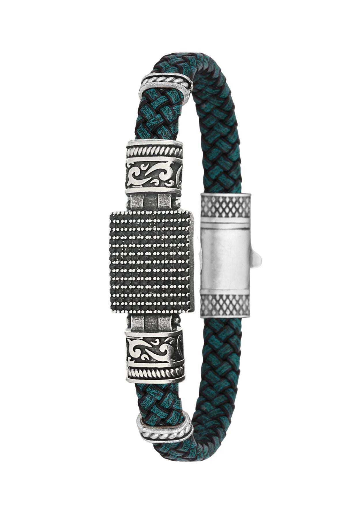 Çoklu Zirkon Taşlı Hakiki Deri Erkek Bileklik - Su Yeşili | Gümüş
