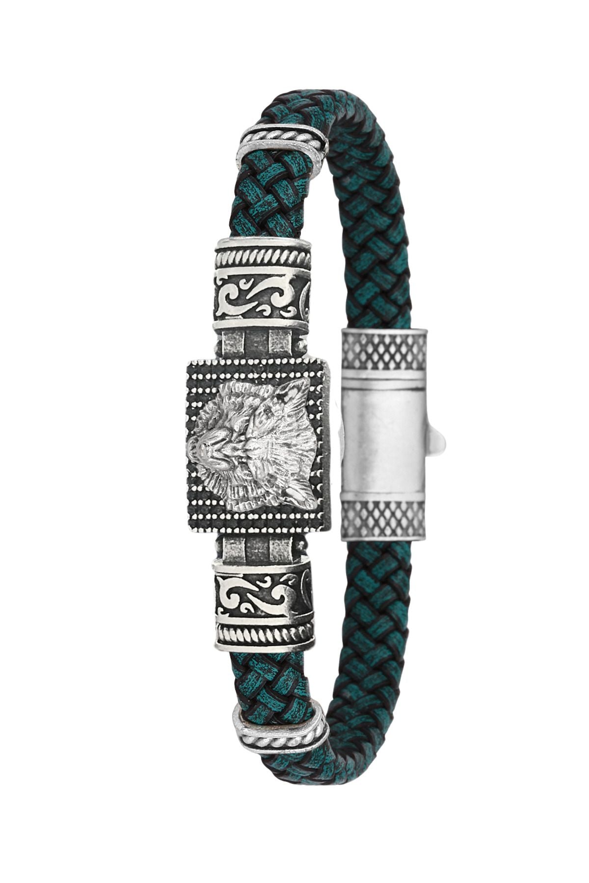 Kurt Figürlü Köşeli Tasarımlı Hakiki Deri Erkek Bileklik - Su Yeşili | Gümüş