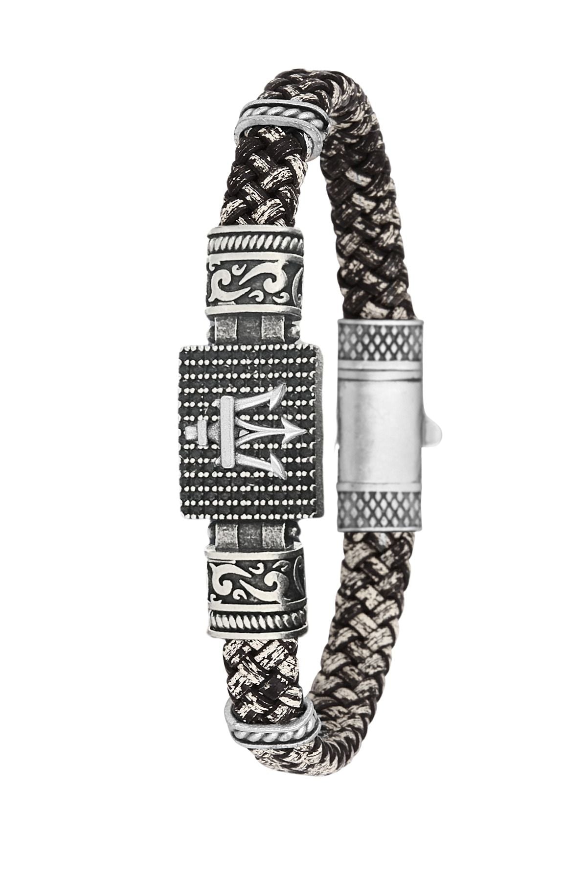 Poseidon Figürlü Zirkon Taşlı Hakiki Deri Erkek Bileklik - Siyah - Beyaz | Gümüş
