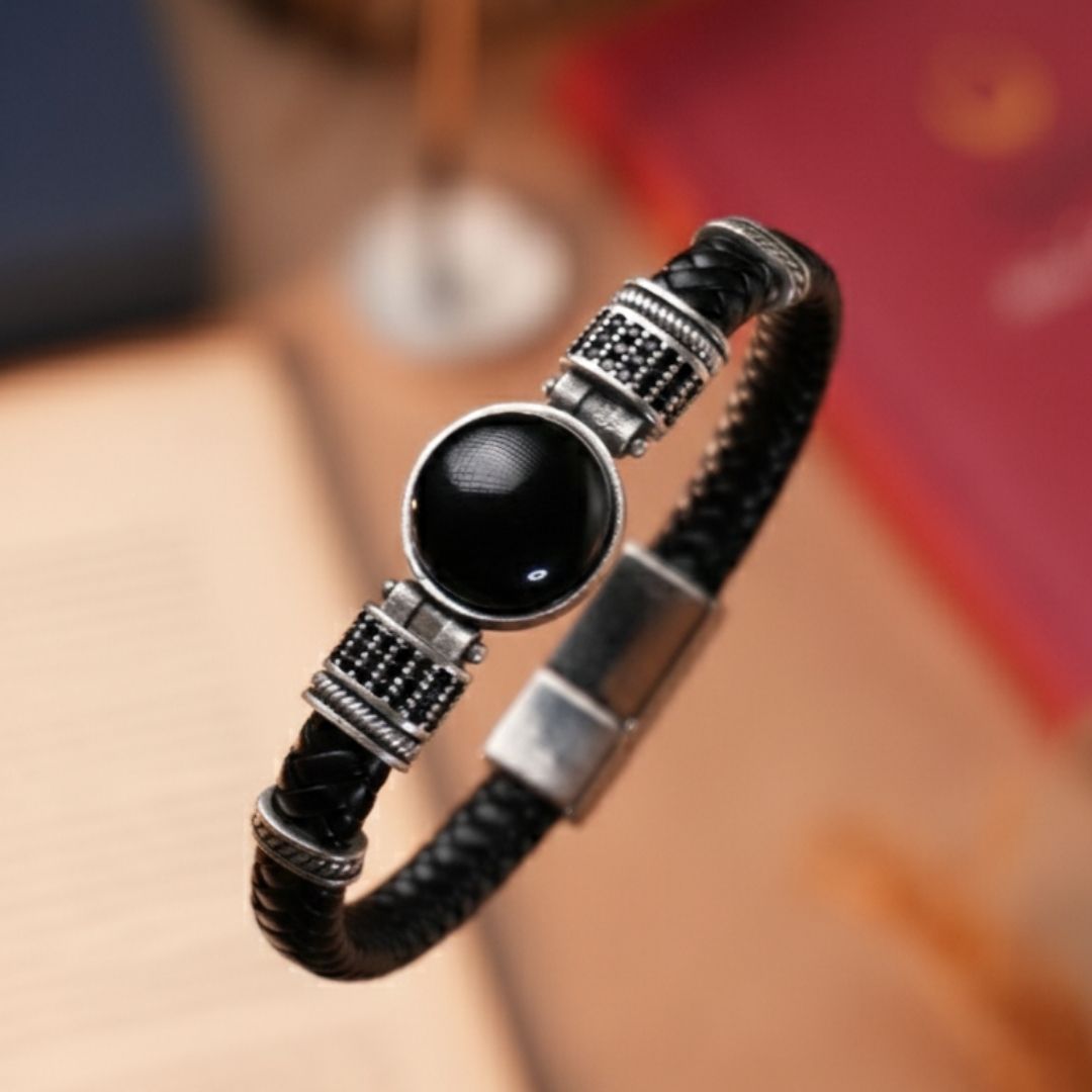 Oniks Doğal Taşlı & Hakiki Deri Erkek Bileklik - Siyah | Siyah