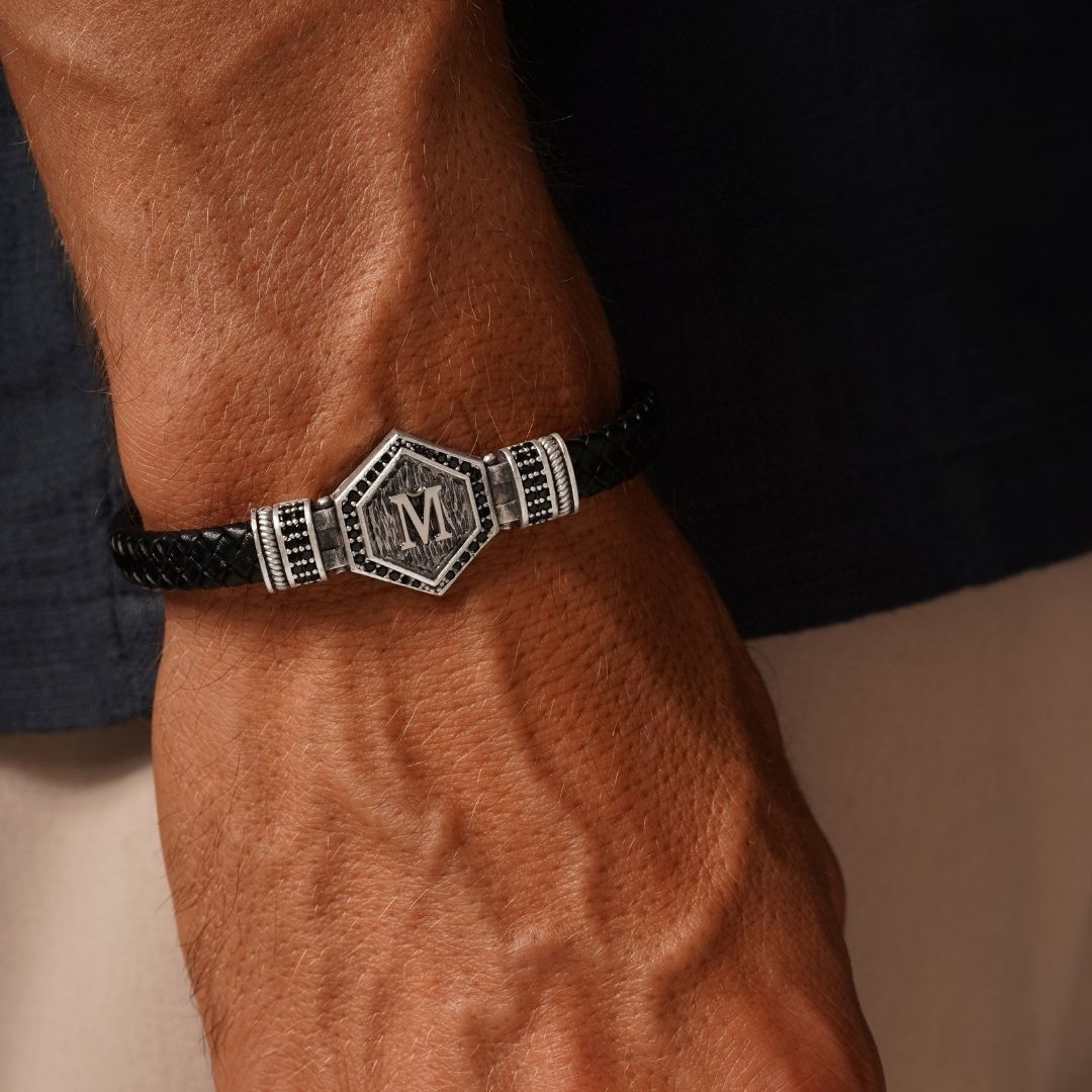Kişiselleştirilebilir Hakiki Deri Erkek Bileklik - Siyah | Altıgen