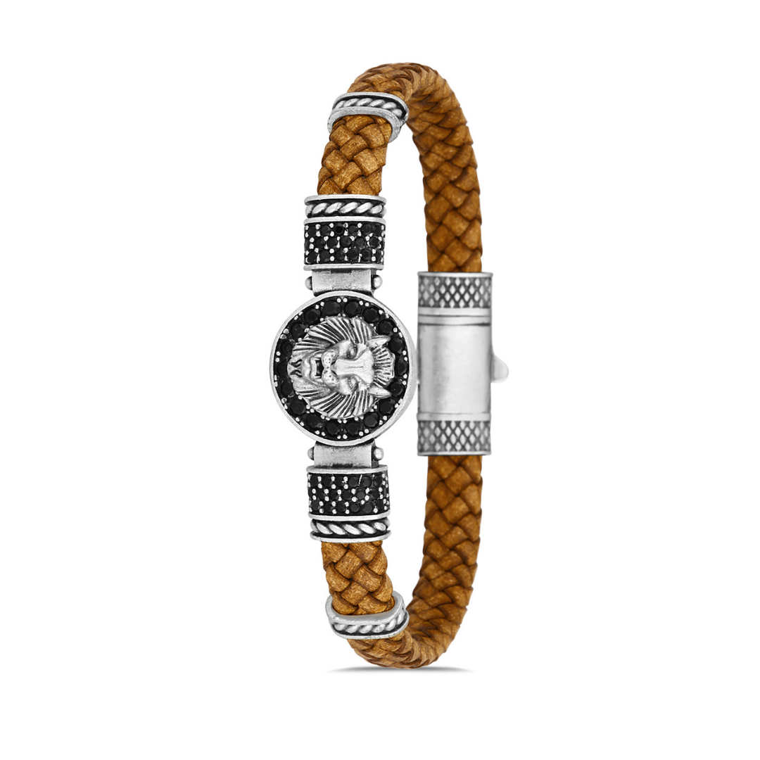 Aslan Figürlü Zirkon Taşlı Bileklik - Taba | Gümüş