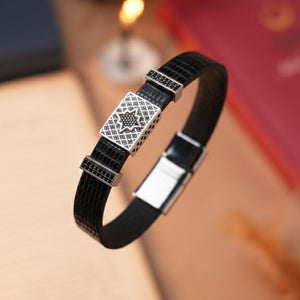 Hakiki Siyah Yılan Derisi & Zirkon Taşlı VIP Erkek Bileklik - Siyah | Gümüş