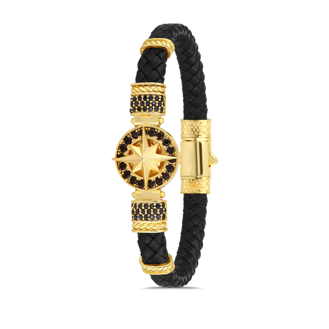 Pusula Zirkon Taşlı Bileklik - Siyah | Altın