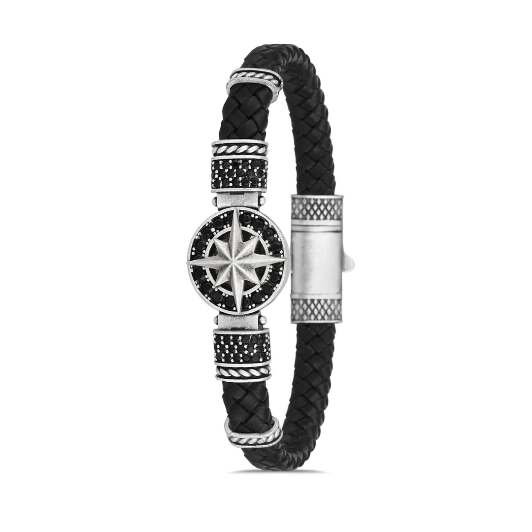 Pusula Zirkon Taşlı Bileklik - Siyah | Gümüş