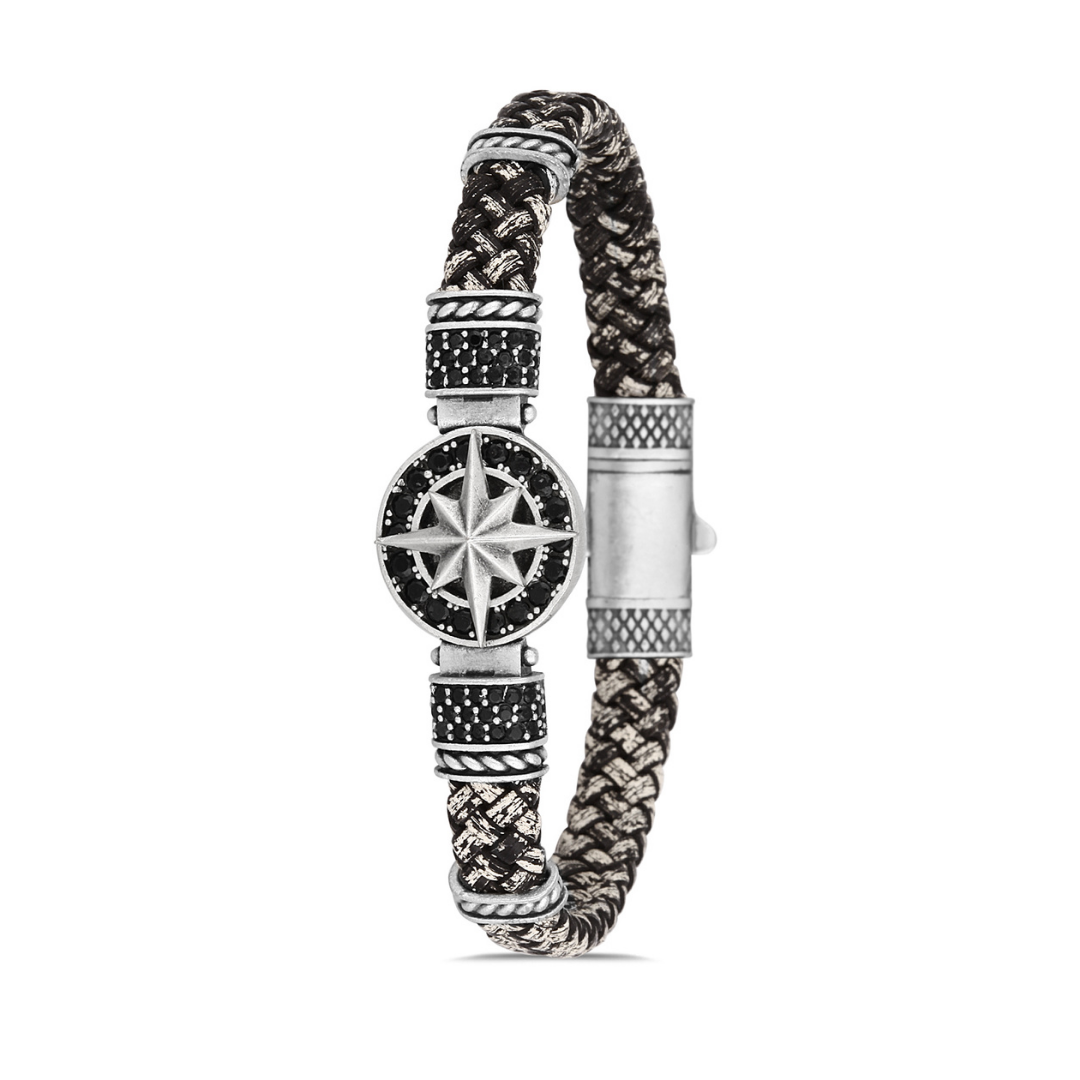 Pusula Zirkon Taşlı Bileklik - Siyah - Beyaz | Gümüş