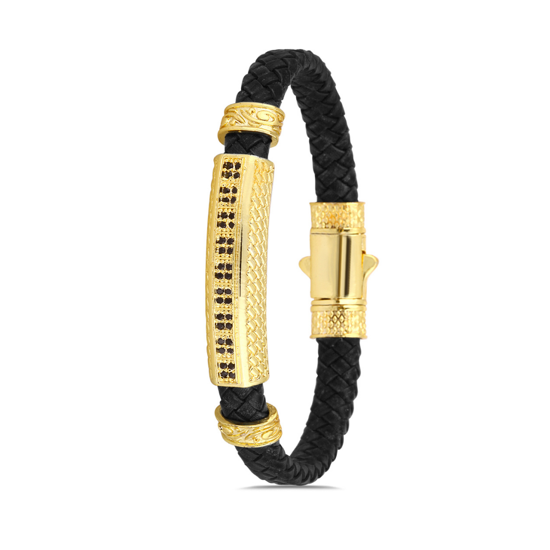 Sıralı Zirkon Erkek Bileklik - Siyah | Altın