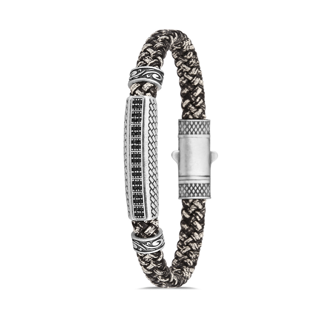 Sıralı Zirkon Erkek Bileklik - Siyah - Beyaz | Gümüş