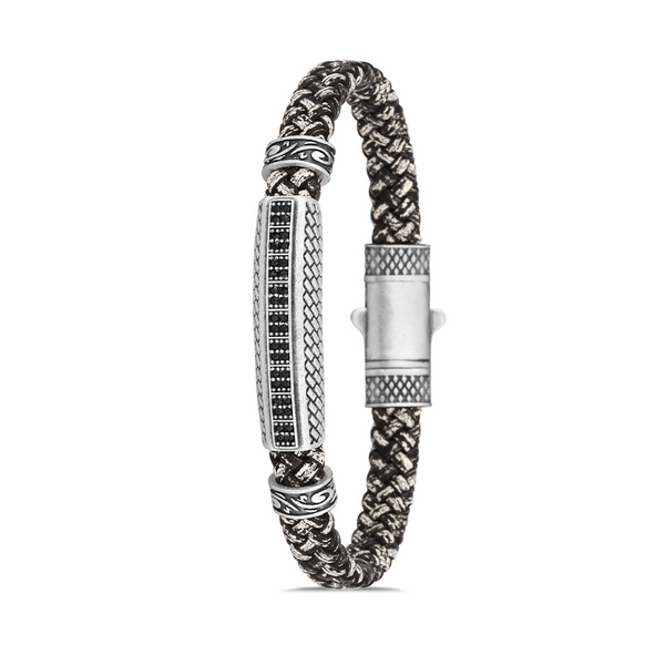 Sıralı Zirkon Erkek Bileklik - Siyah - Beyaz | Gümüş