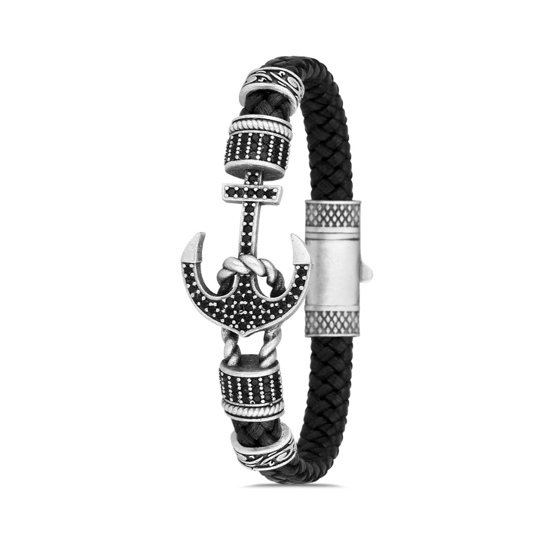 Çapa Figürlü Zirkon Taşlı Erkek Bileklik - Siyah | Gümüş