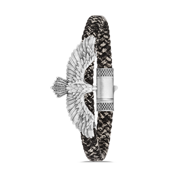 Gri Kartal Figürlü Deri Bileklik - Siyah - Beyaz | Gümüş