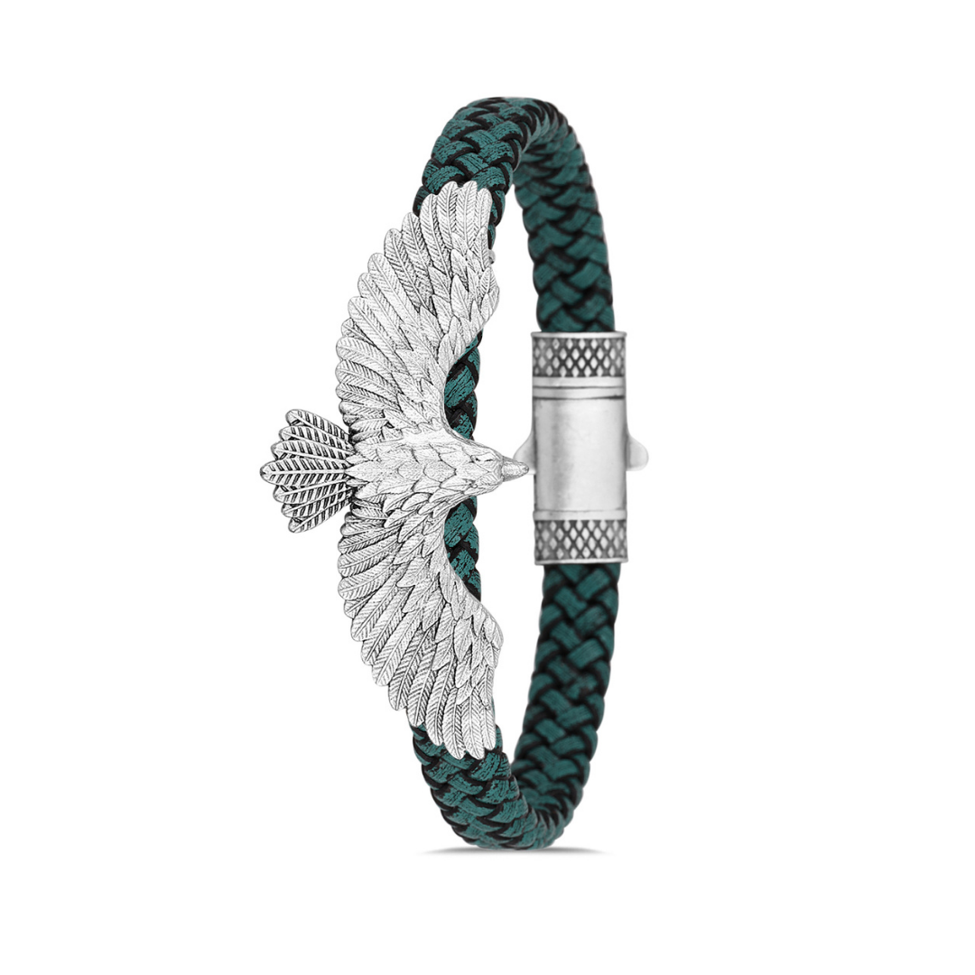 Gri Kartal Figürlü Deri Bileklik - Mavi | Gümüş