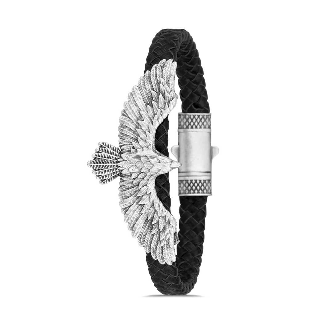 Gri Kartal Figürlü Deri Bileklik - Siyah | Gümüş