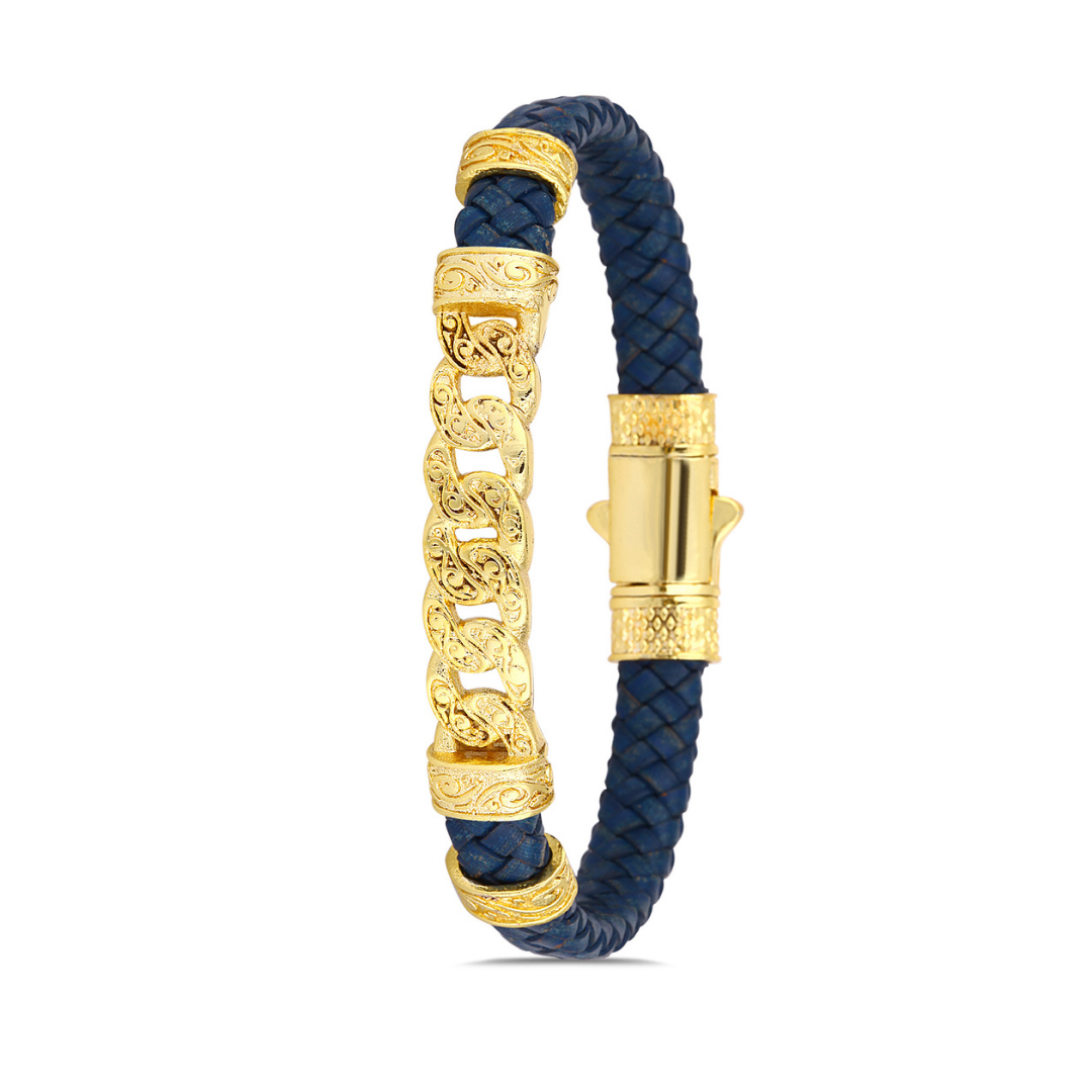 Sarmal Hakiki Deri Bileklik - Mavi | Altın