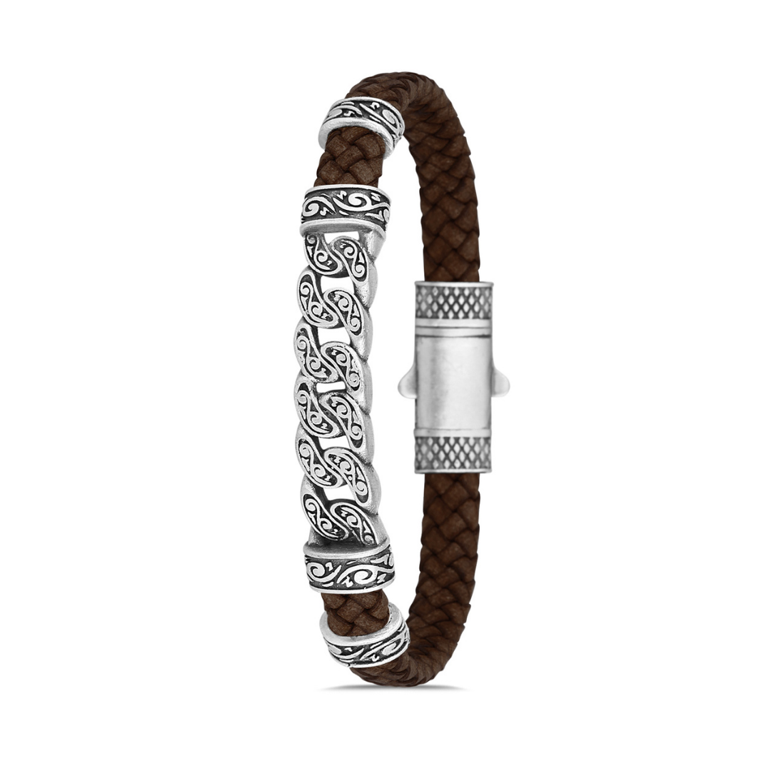 Sarmal Hakiki Deri Bileklik - Taba | Gümüş