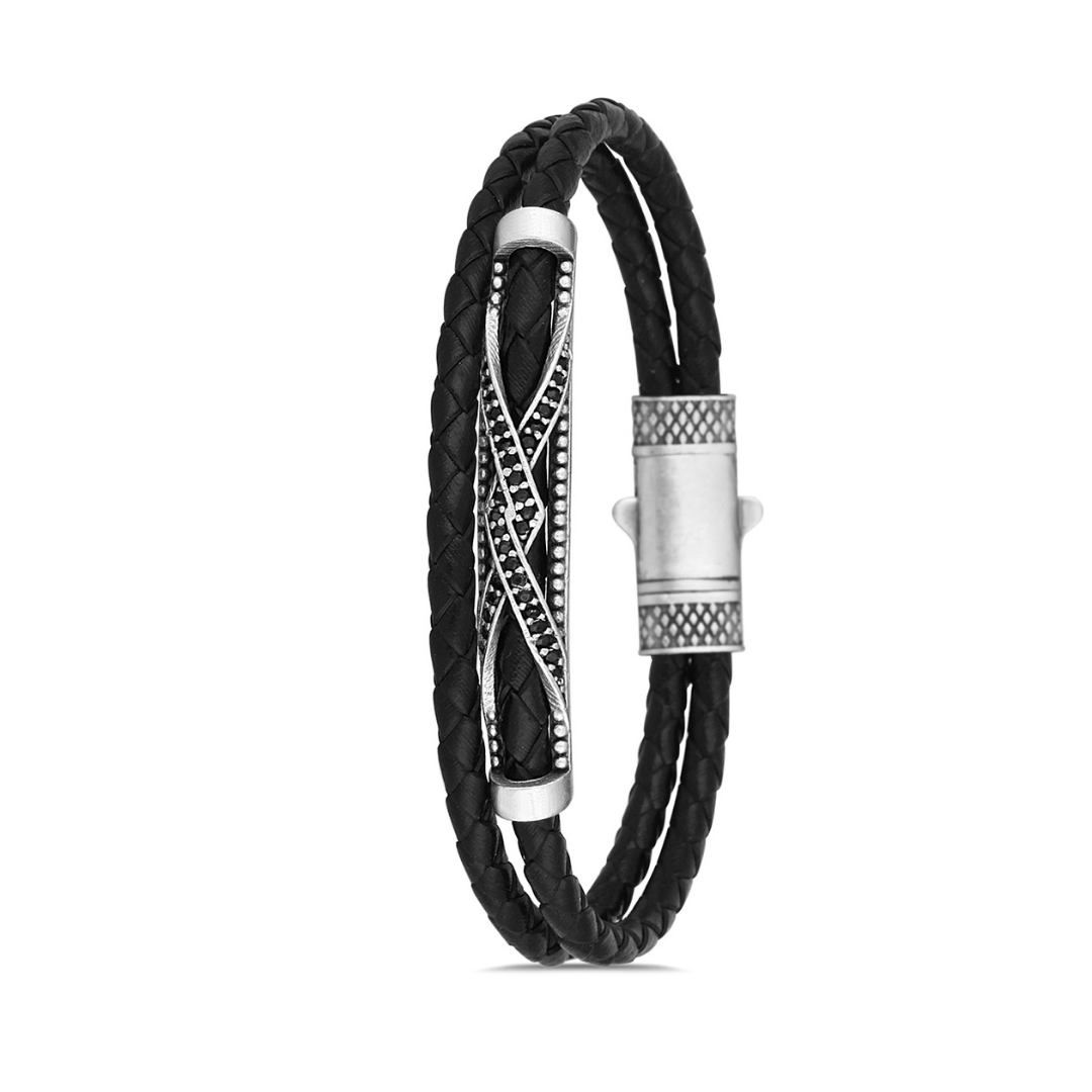 Zirkon Taş İşlemeli Siyah Deri Bileklik - Siyah | Gümüş
