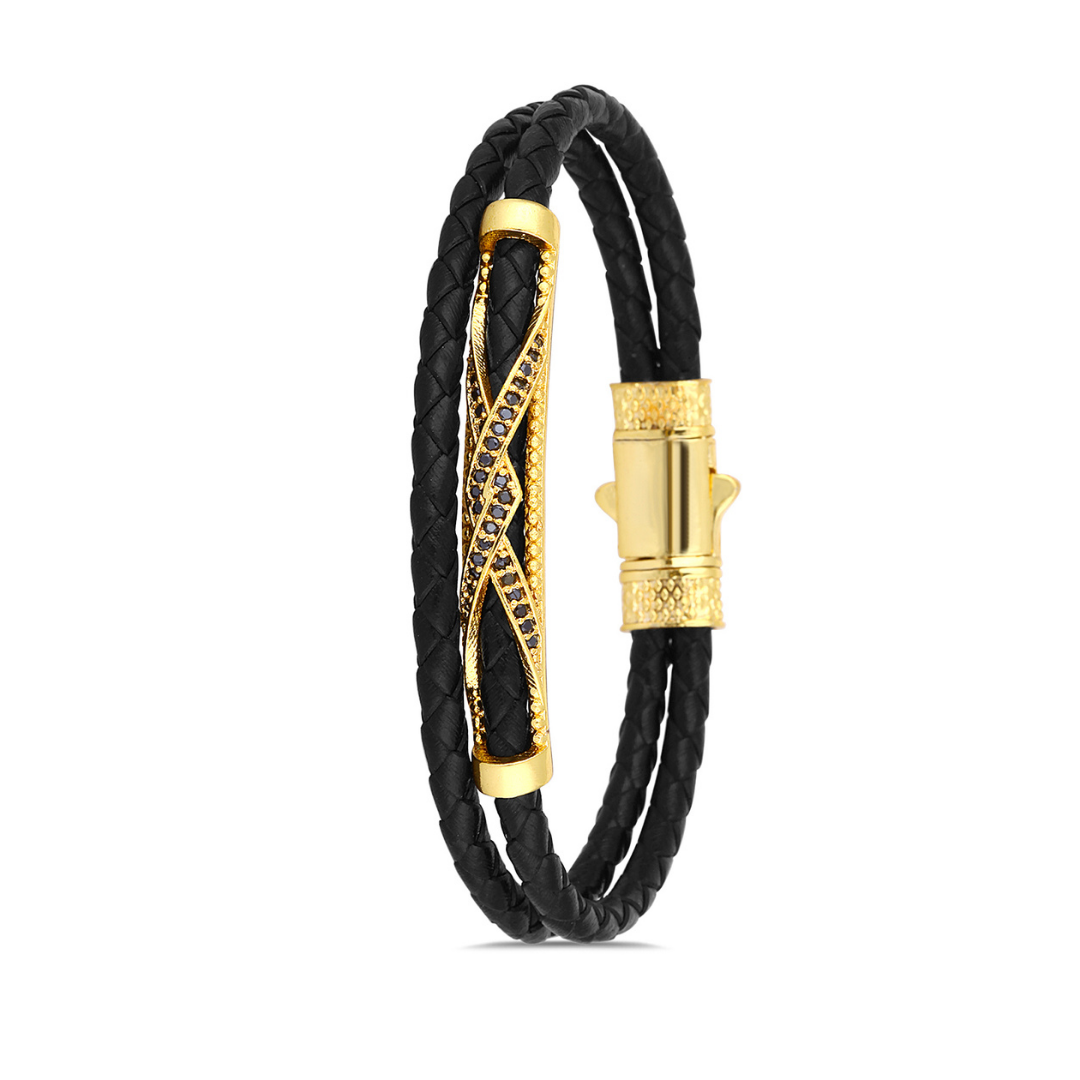 Zirkon Taş İşlemeli Siyah Deri Bileklik - Siyah | Altın