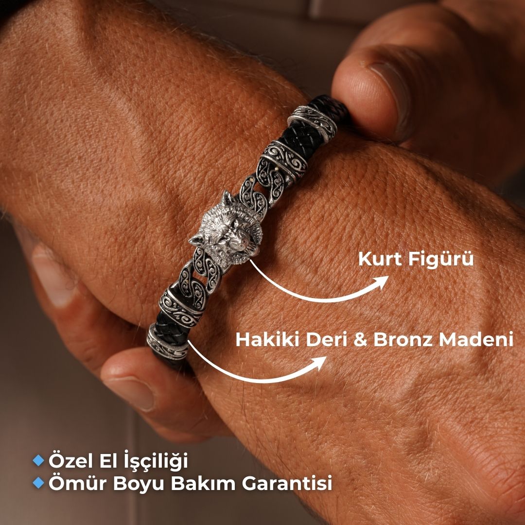 Kurt Başlı Sarmal Zirkon Taşlı Erkek Bileklik - Siyah | Gümüş