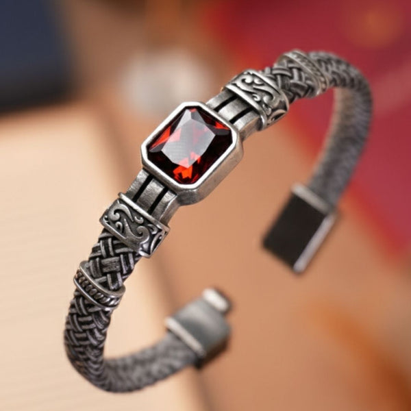 Kırmızı Kristal Cam Detaylı Hakiki Deri Erkek Bileklik - Siyah - Beyaz | Kırmızı