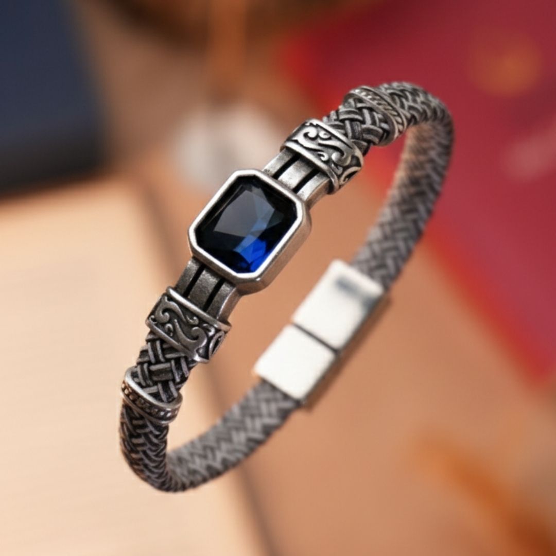 Mavi Kristal Cam Detaylı Hakiki Deri Erkek Bileklik - Siyah - Beyaz | Mavi