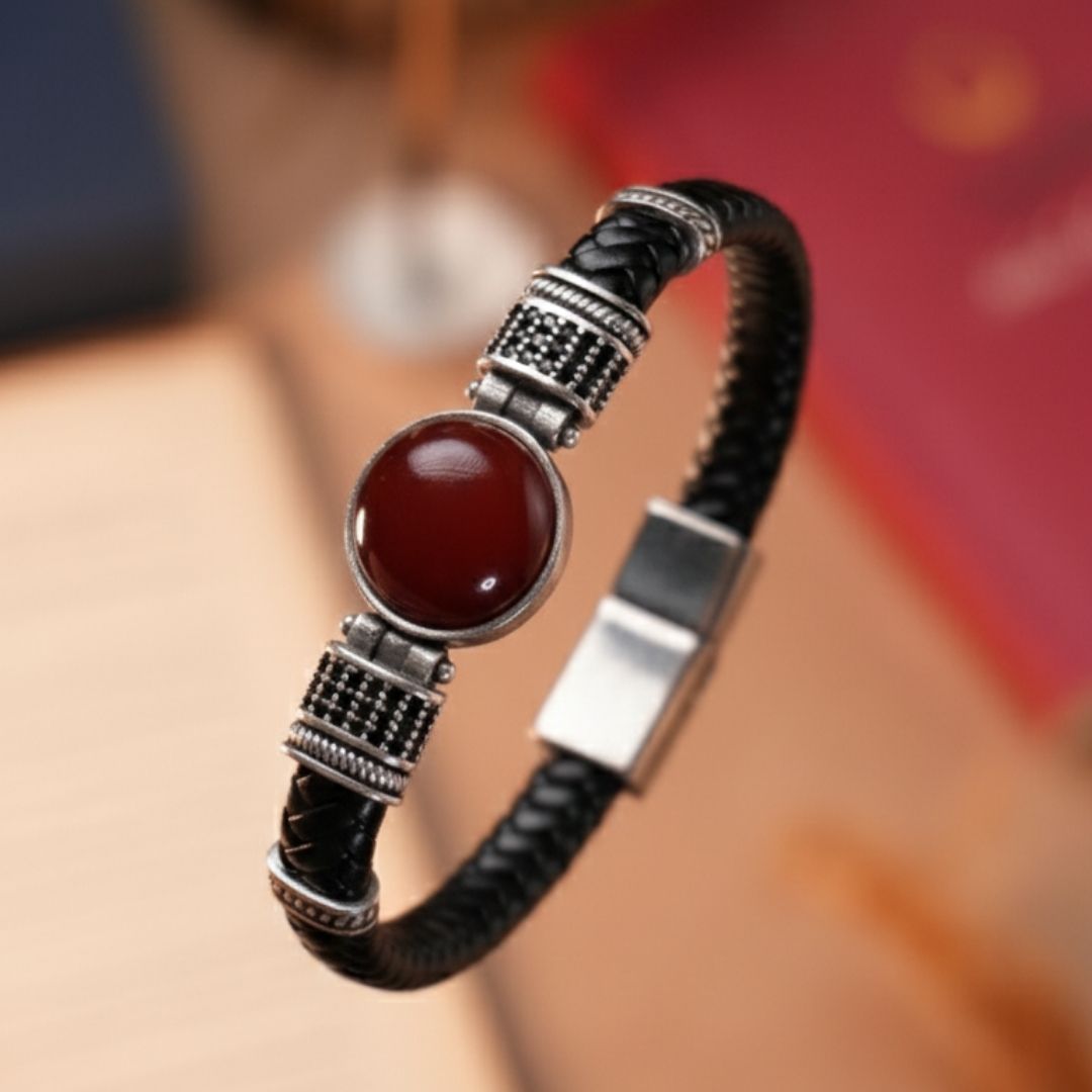 Kırmızı Akik Doğal Taşlı & Hakiki Deri Erkek Bileklik - Siyah | Kırmızı