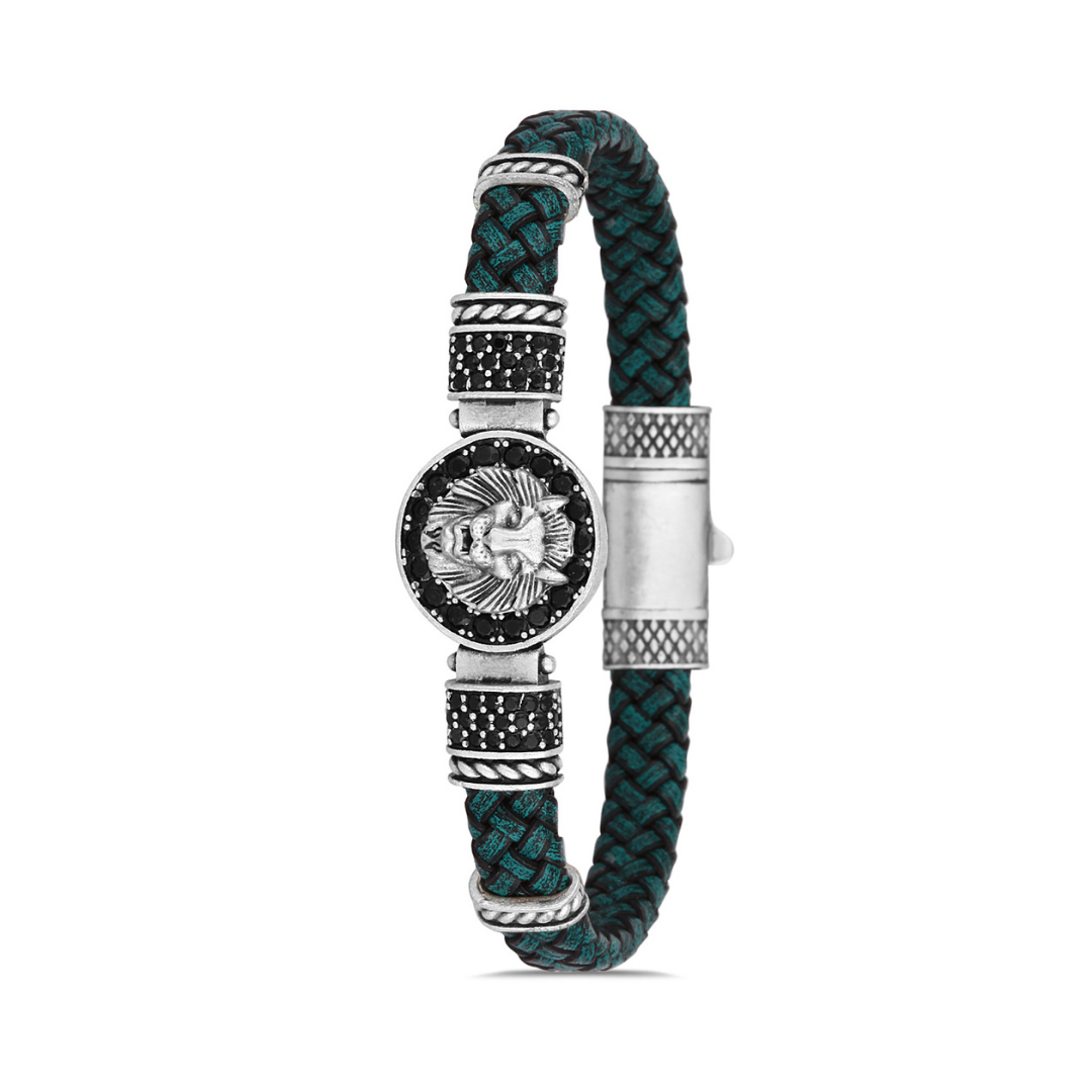 Aslan Figürlü Zirkon Taşlı Bileklik - Su Yeşili | Gümüş
