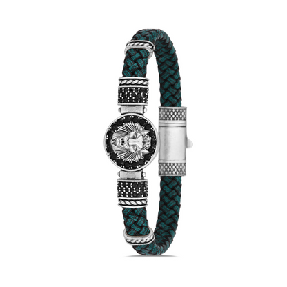 Aslan Figürlü Zirkon Taşlı Bileklik - Su Yeşili | Gümüş