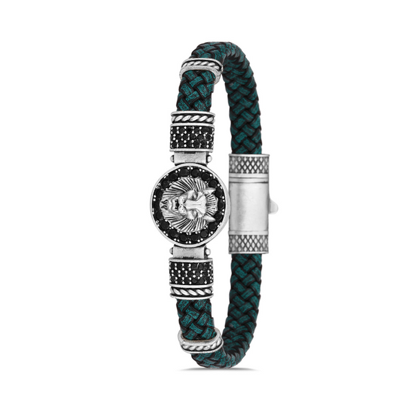 Aslan Figürlü Zirkon Taşlı Bileklik - Su Yeşili | Gümüş