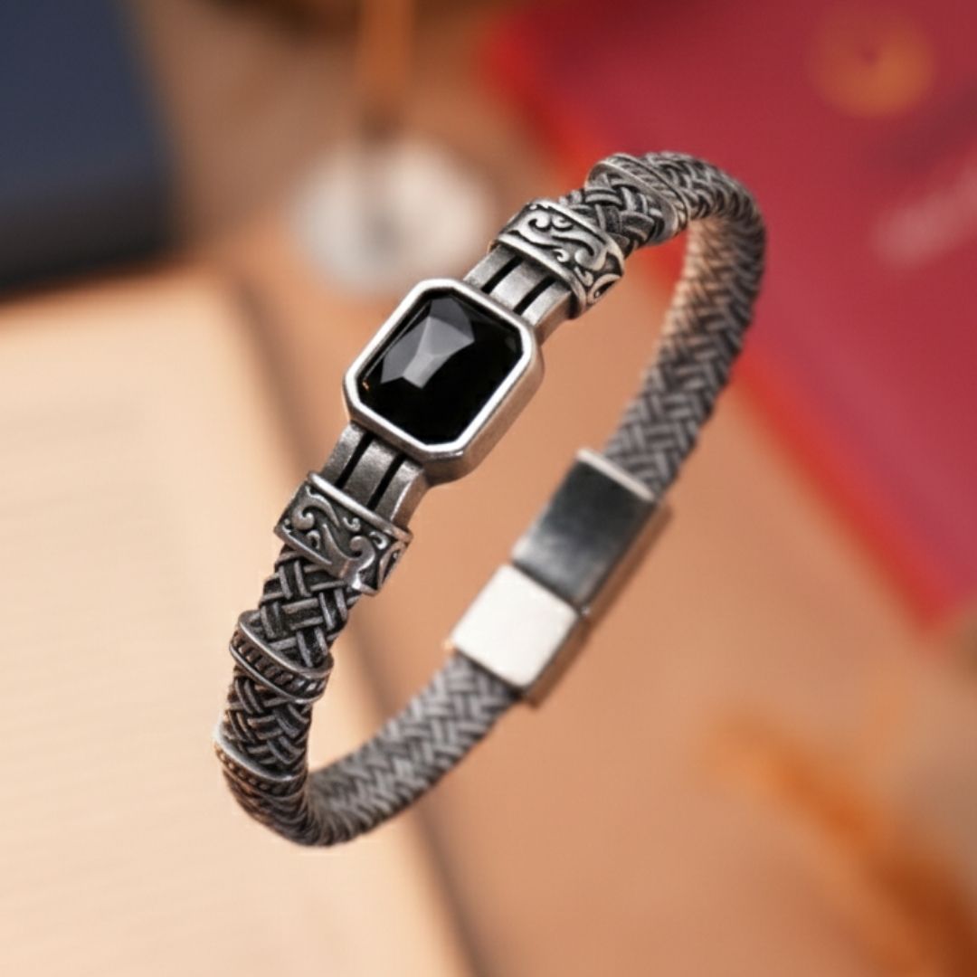 Siyah Kristal Cam Detaylı Hakiki Deri Erkek Bileklik - Siyah - Beyaz | Siyah