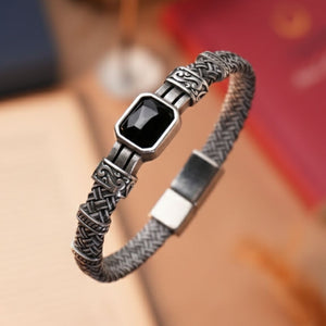 Siyah Kristal Cam Detaylı Hakiki Deri Erkek Bileklik - Siyah - Beyaz | Siyah