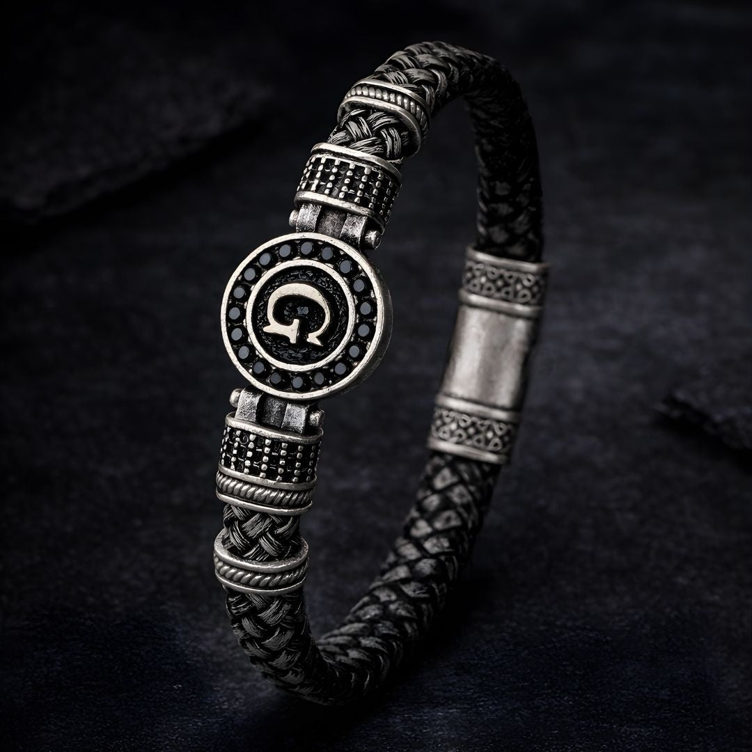 Kişiselleştirilebilir Hakiki Deri Erkek Bileklik - Siyah - Beyaz | Daire