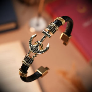 Çapa Figürlü Zirkon Taşlı Erkek Bileklik - Siyah | Altın